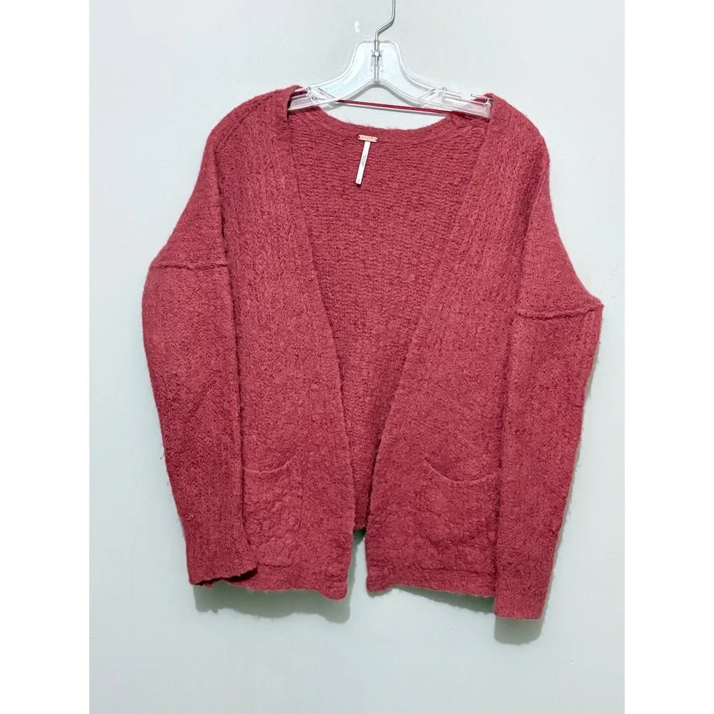 Free People Nightingale Cardigan Dusty Rose Fuzzy Alpaca Open Front Sweater Sz S